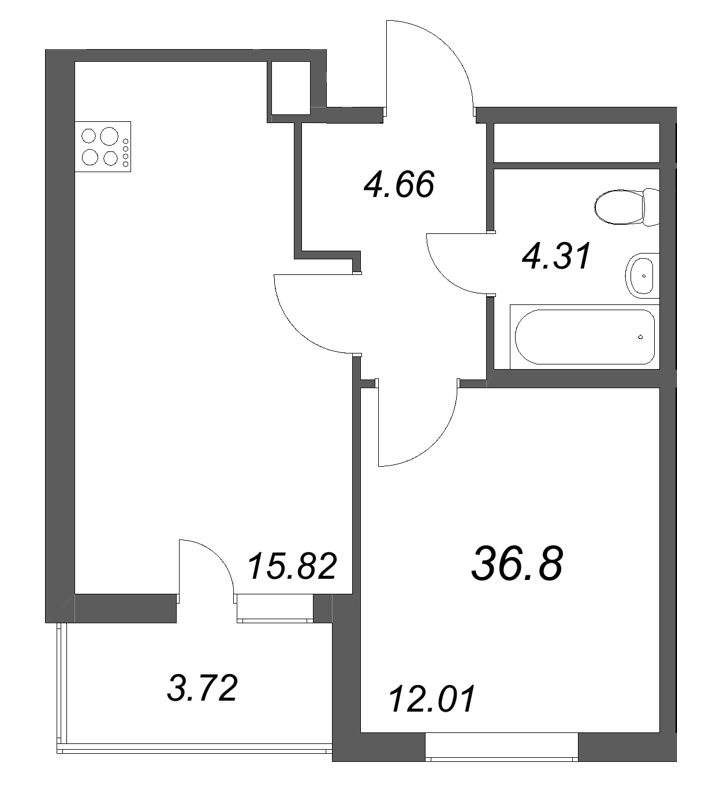 2-комнатная (Евро) квартира, 36.8 м² в ЖК "Ясно.Янино" - планировка, фото №1