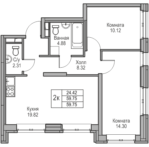 3-комнатная (Евро) квартира, 59.75 м² в ЖК "Юнтолово" - планировка, фото №1