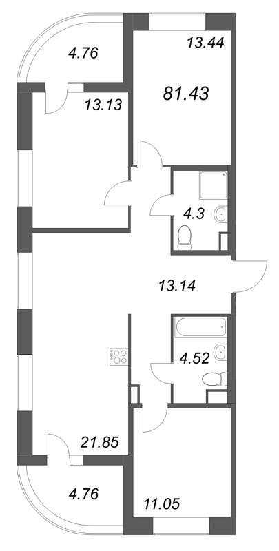 4-комнатная (Евро) квартира, 81.43 м² в ЖК "Ультра Сити 3.0" - планировка, фото №1
