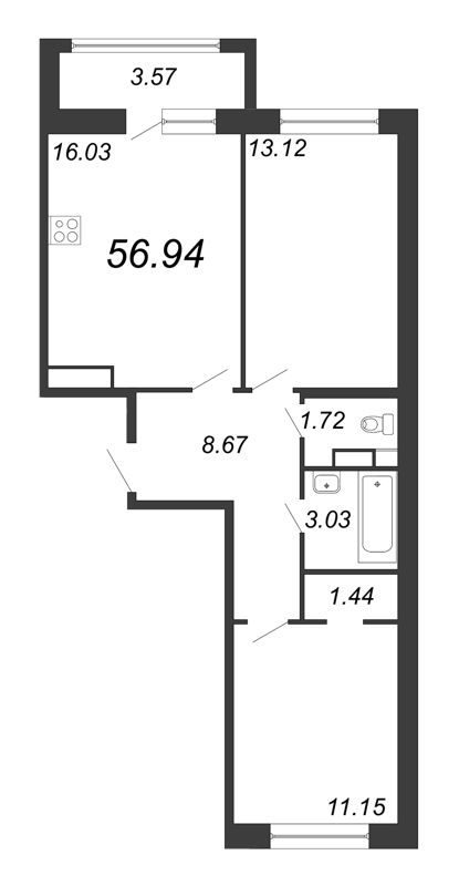 3-комнатная (Евро) квартира, 56.94 м² - планировка, фото №1