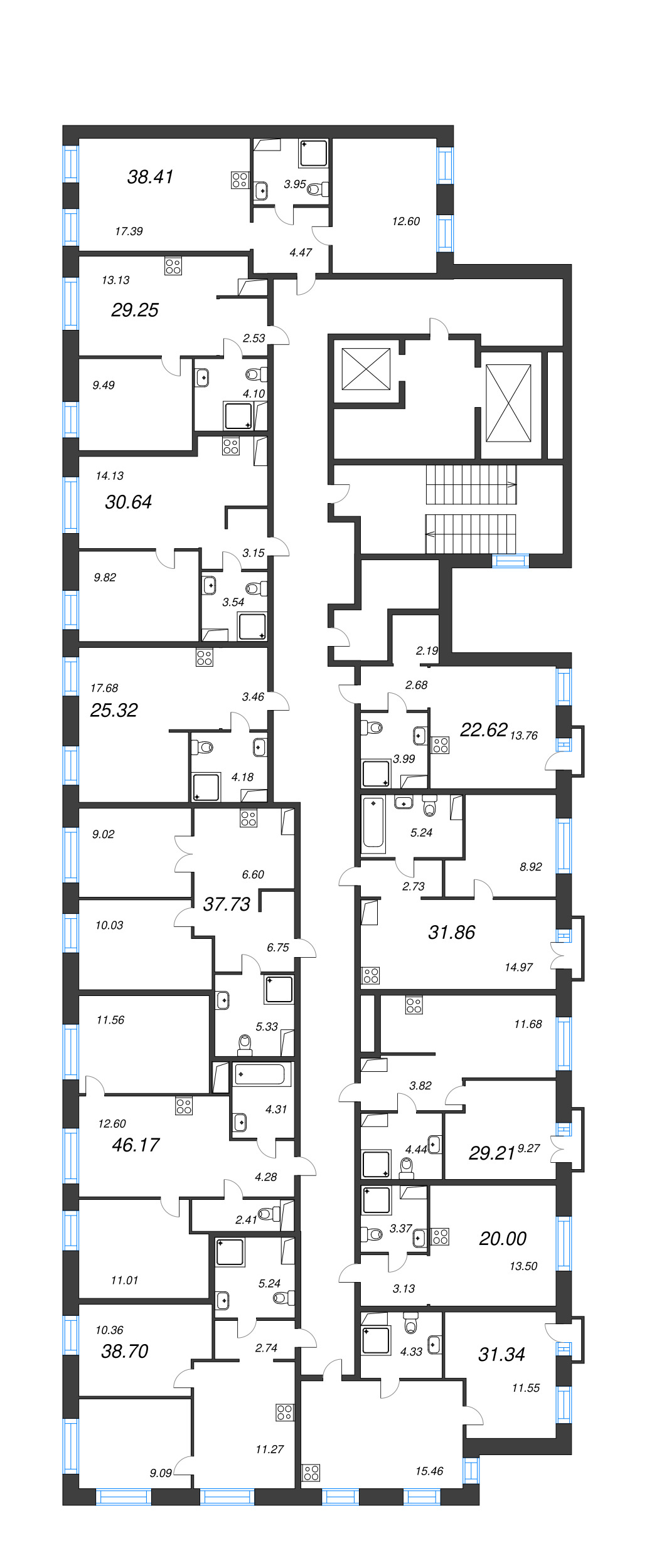 2-комнатная (Евро) квартира, 38.41 м² - планировка этажа