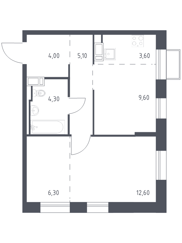 1-комнатная квартира, 44.8 м² в ЖК "Курортный Квартал" - планировка, фото №1