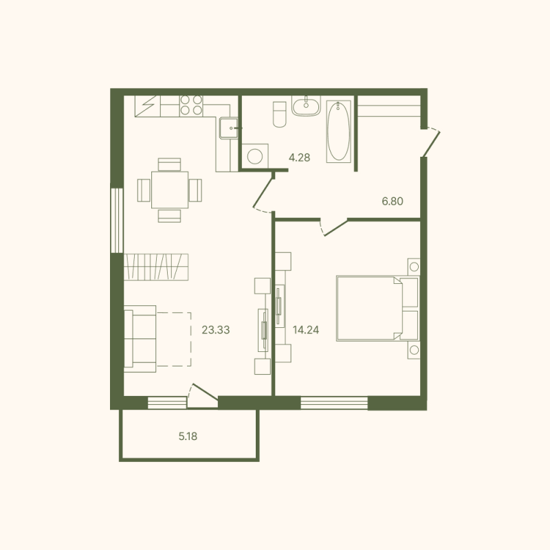 2-комнатная (Евро) квартира, 50.21 м² в ЖК "Рауни" - планировка, фото №1