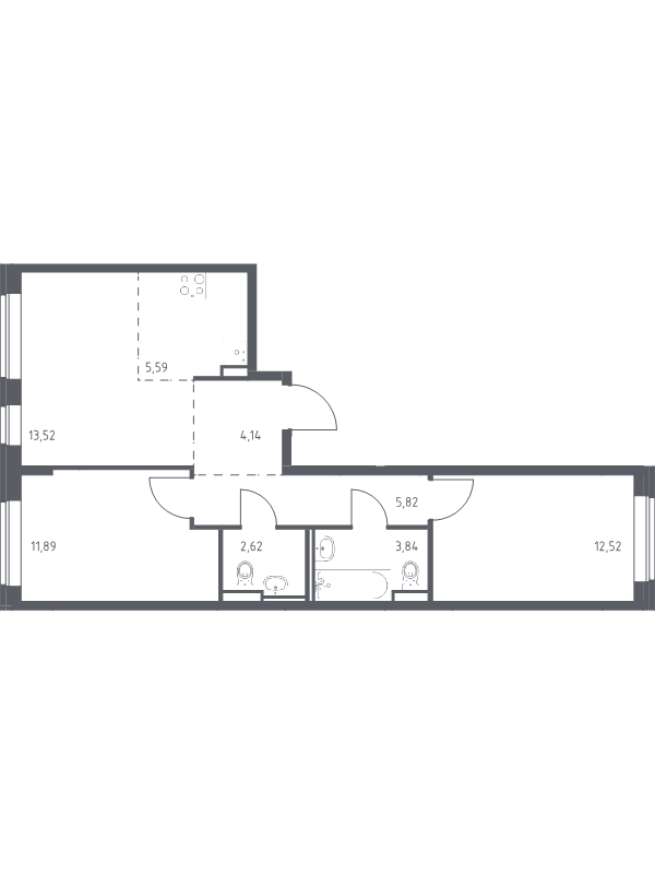 3-комнатная (Евро) квартира, 59.94 м² в ЖК "Живи! В Рыбацком" - планировка, фото №1