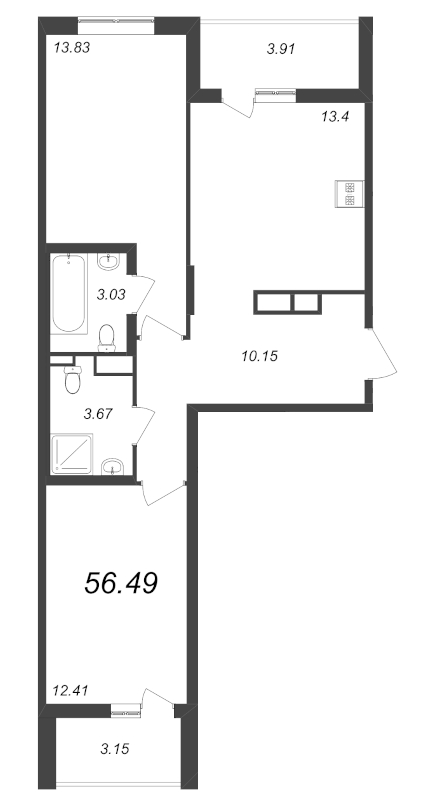 2-комнатная квартира, 56.49 м² - планировка, фото №1