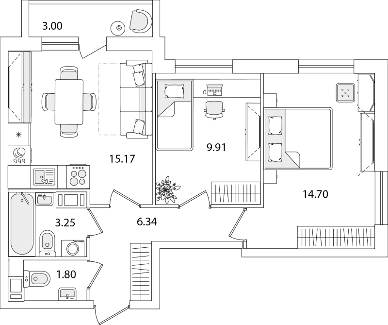 2-комнатная квартира, 52.67 м² в ЖК "Кинопарк" - планировка, фото №1