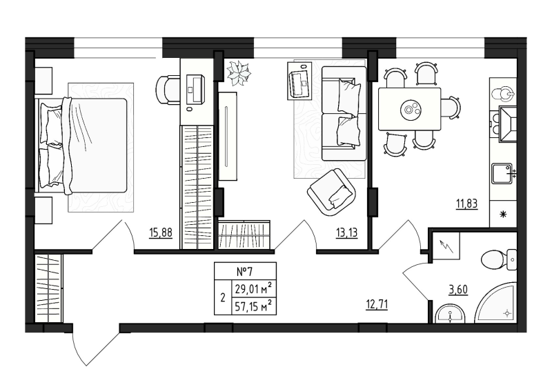 2-комнатная квартира, 57.15 м² в ЖК "Верево Сити" - планировка, фото №1