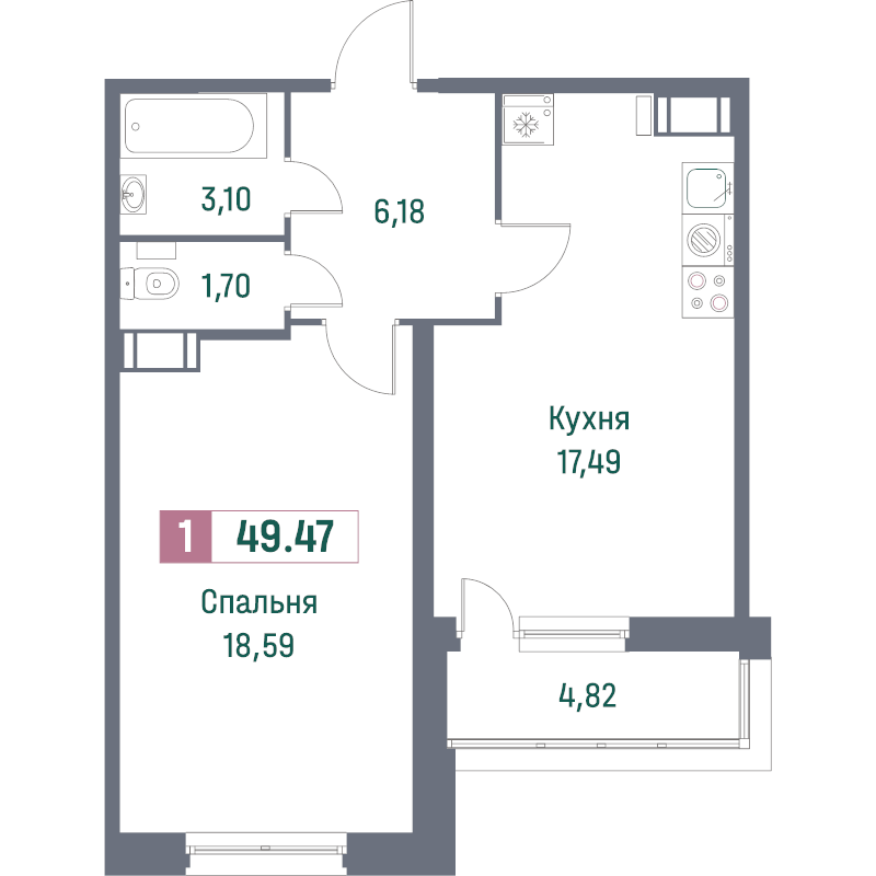 2-комнатная (Евро) квартира, 49.47 м² в ЖК "Фотограф" - планировка, фото №1