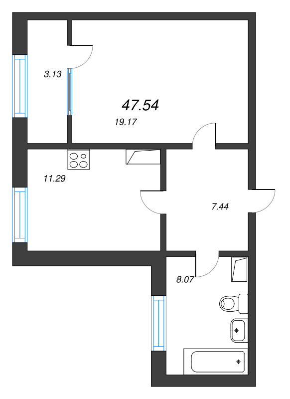 1-комнатная квартира, 47.6 м² - планировка, фото №1