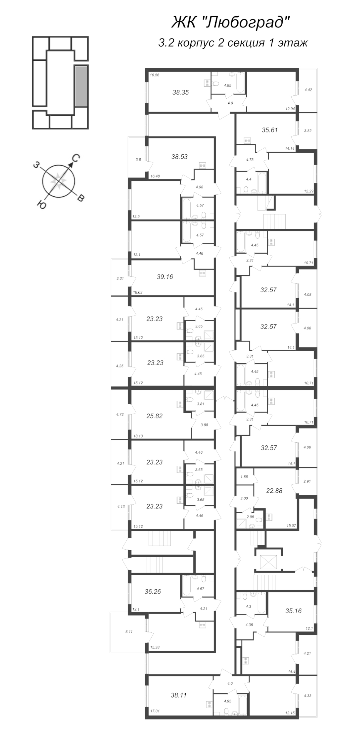 2-комнатная (Евро) квартира, 38.35 м² - планировка этажа