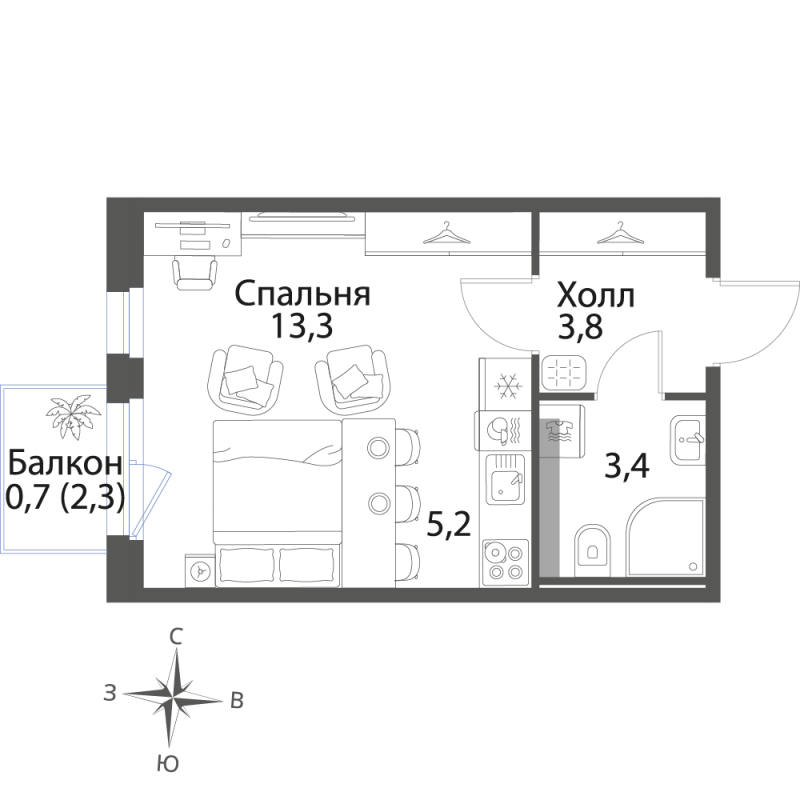 Квартира-студия, 26.4 м² в ЖК "Экография" - планировка, фото №1