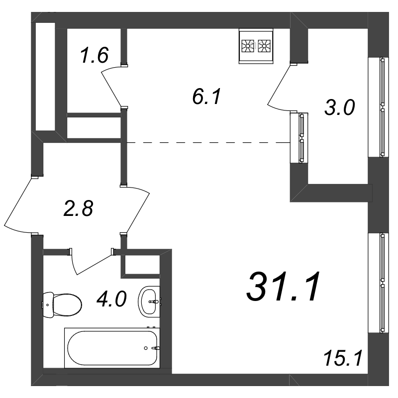 Квартира-студия, 31.2 м² в ЖК "Галактика" - планировка, фото №1