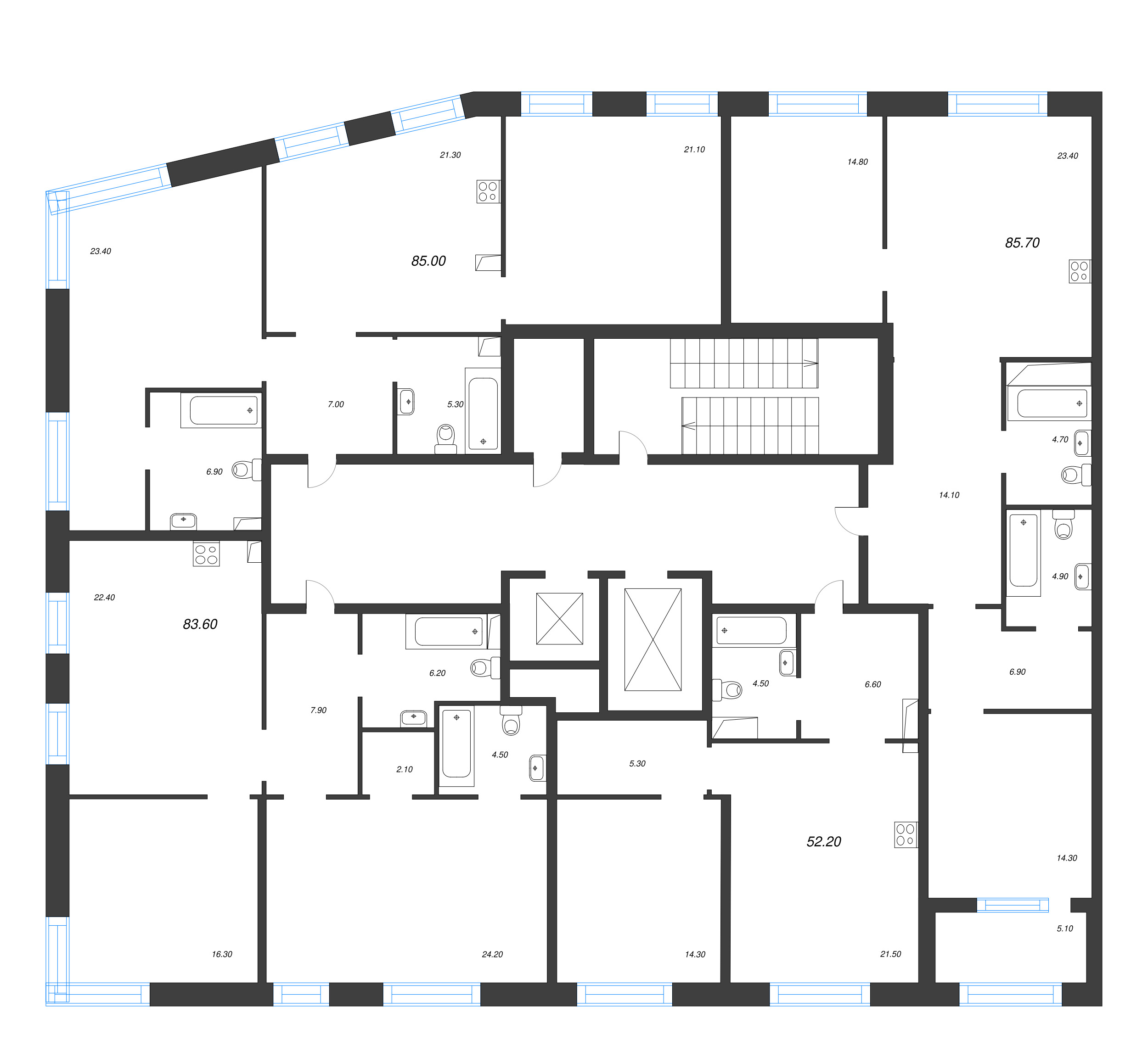 3-комнатная (Евро) квартира, 83.6 м² в ЖК "ЛДМ" - планировка этажа