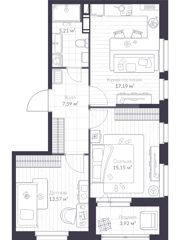 3-комнатная (Евро) квартира, 61.1 м² в ЖК "VEREN NEXT шуваловский" - планировка, фото №1