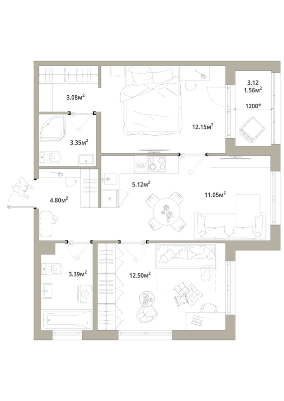 3-комнатная (Евро) квартира, 58.48 м² в ЖК "Тишин" - планировка, фото №1