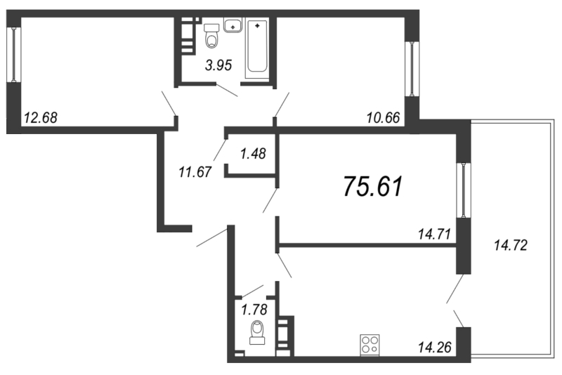 3-комнатная квартира, 71.19 м² - планировка, фото №1