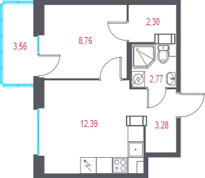 1-комнатная квартира, 30.57 м² - планировка, фото №1