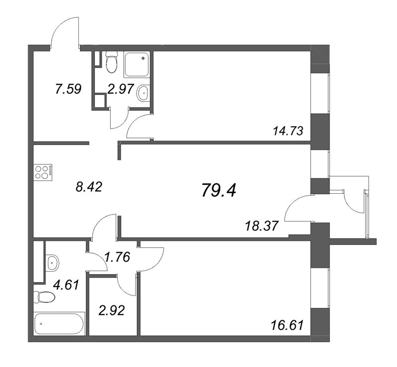 3-комнатная (Евро) квартира, 79.4 м² - планировка, фото №1