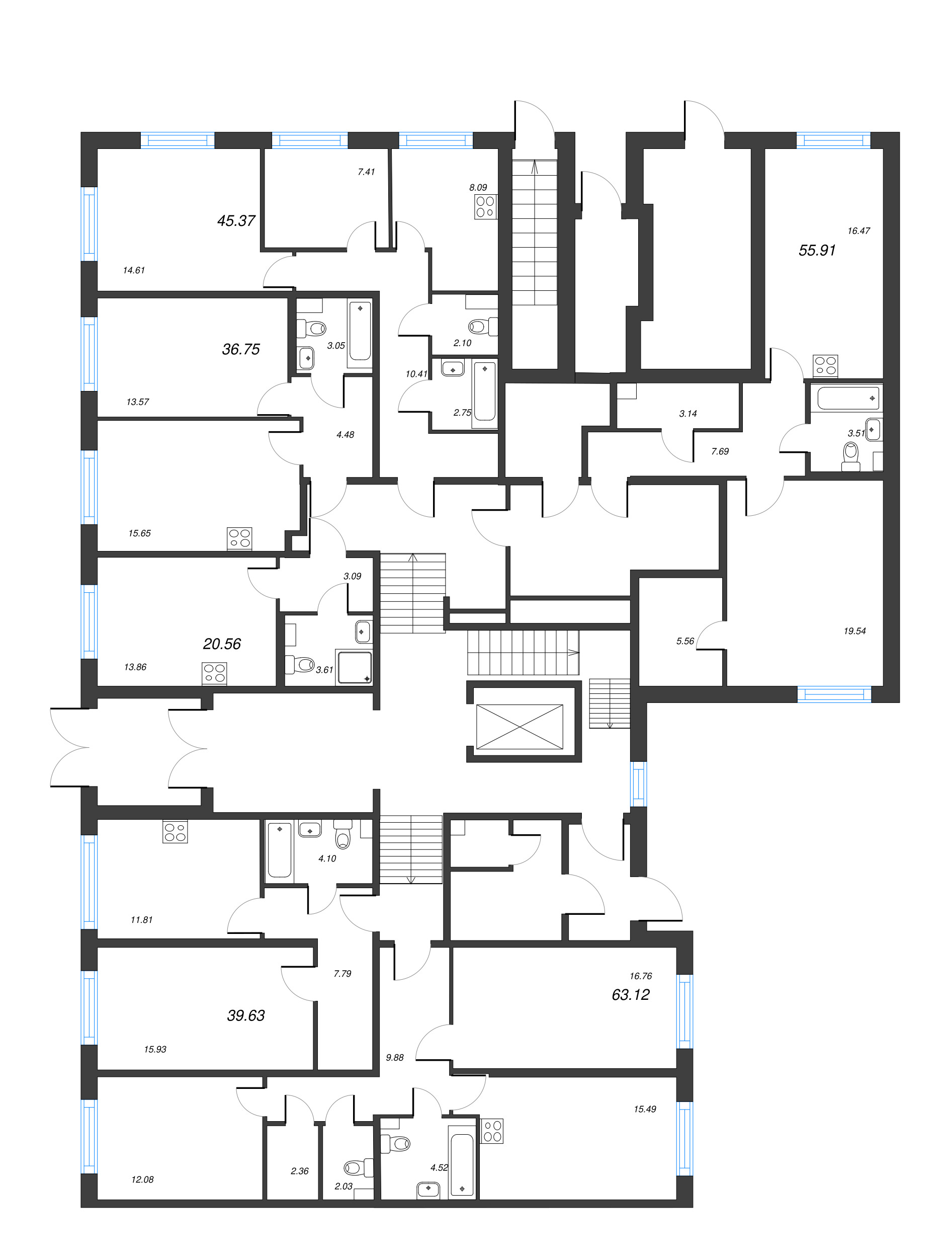 3-комнатная (Евро) квартира, 63.12 м² - планировка этажа