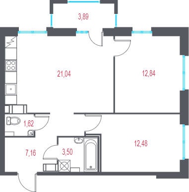 3-комнатная (Евро) квартира, 59.81 м² в ЖК "Город-спутник Южный" - планировка, фото №1