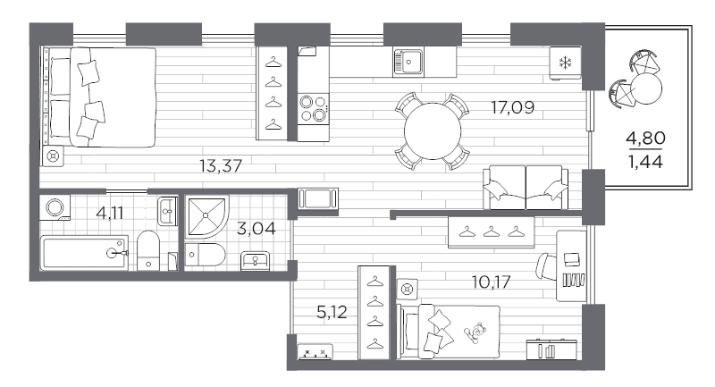 3-комнатная (Евро) квартира, 54.34 м² в ЖК "Сезоны" - планировка, фото №1