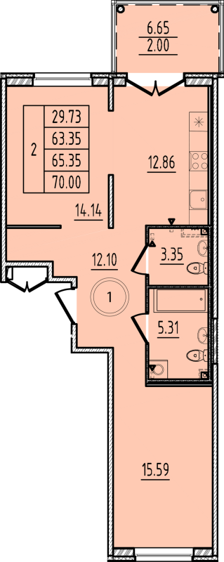 2-комнатная квартира, 63.35 м² - планировка, фото №1