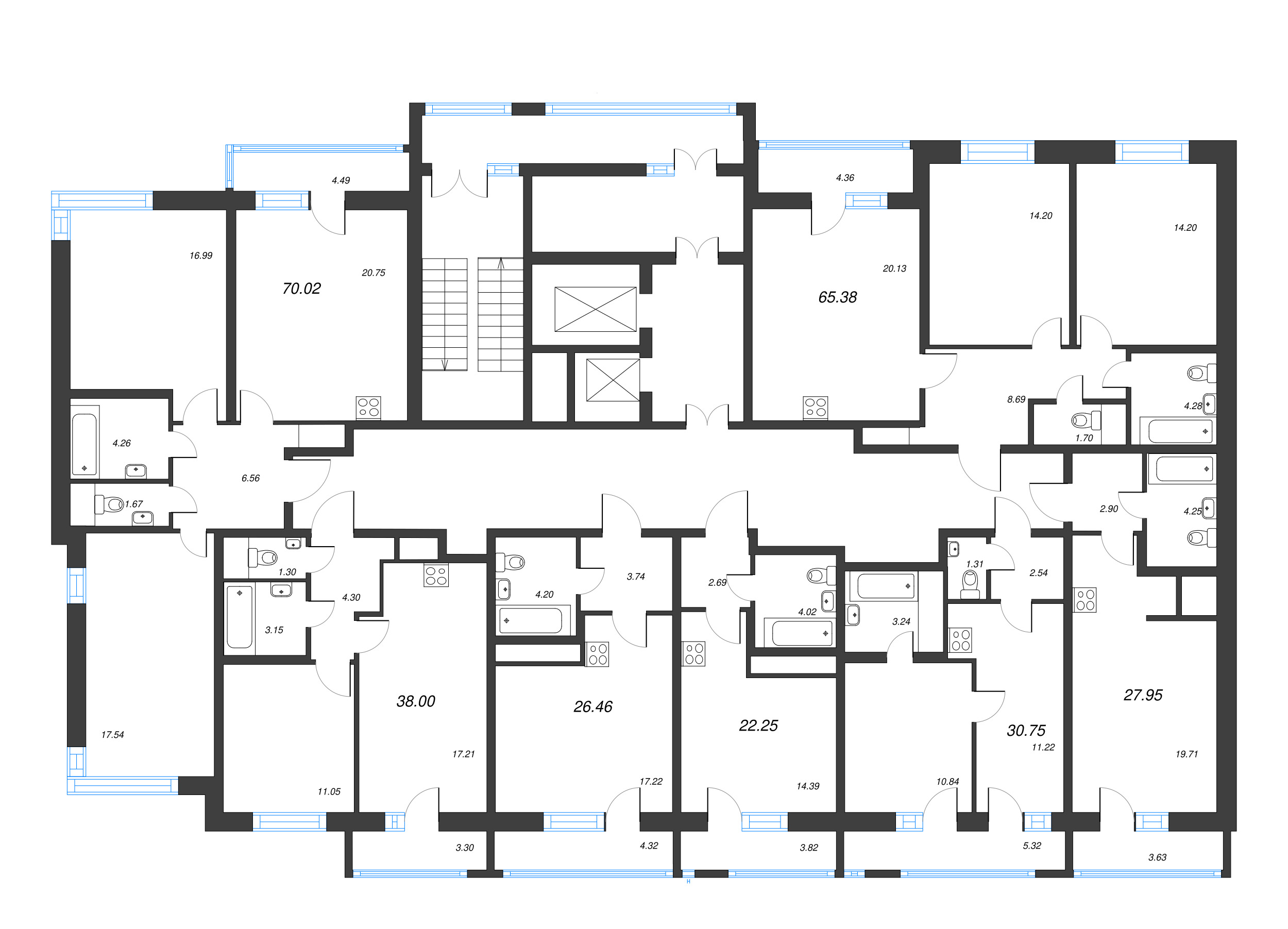 3-комнатная (Евро) квартира, 65.38 м² - планировка этажа