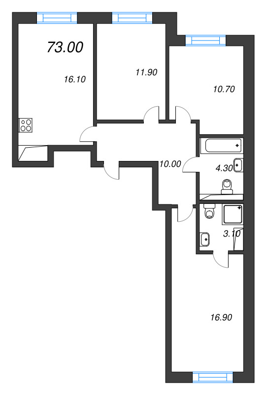4-комнатная (Евро) квартира, 73 м² - планировка, фото №1