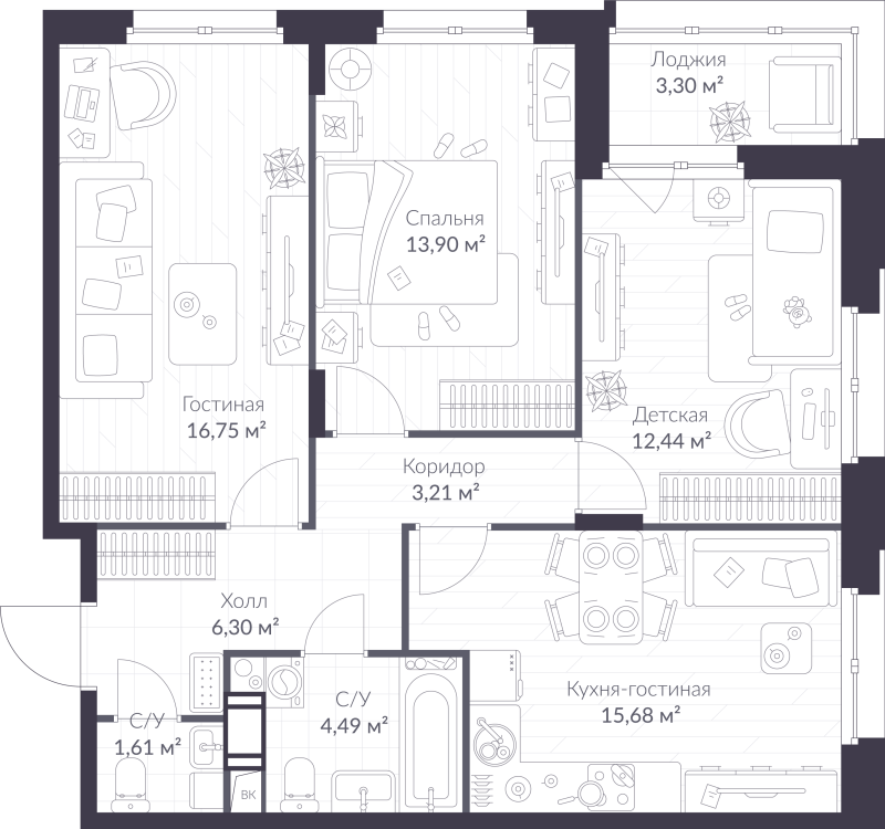 4-комнатная (Евро) квартира, 76.03 м² - планировка, фото №1