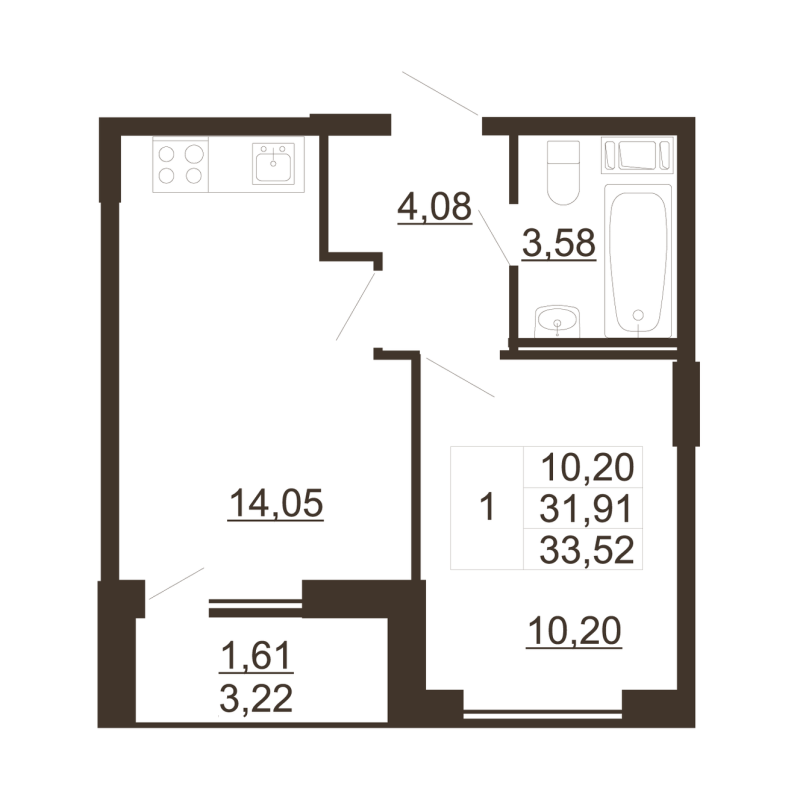 1-комнатная квартира, 33.52 м² - планировка, фото №1