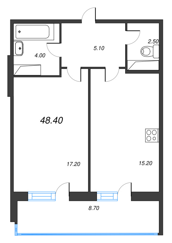 1-комнатная квартира, 48.4 м² в ЖК "Lotos Club" - планировка, фото №1