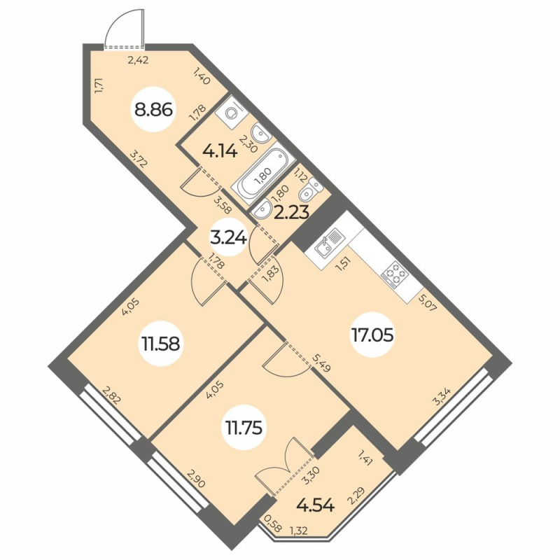 3-комнатная (Евро) квартира, 61.12 м² в ЖК "Огни Залива" - планировка, фото №1