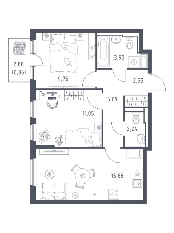 3-комнатная (Евро) квартира, 51.33 м² в ЖК "Новое Колпино" - планировка, фото №1