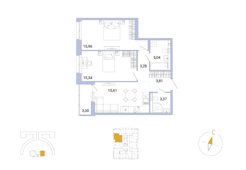 3-комнатная (Евро) квартира, 63.86 м² - планировка, фото №1