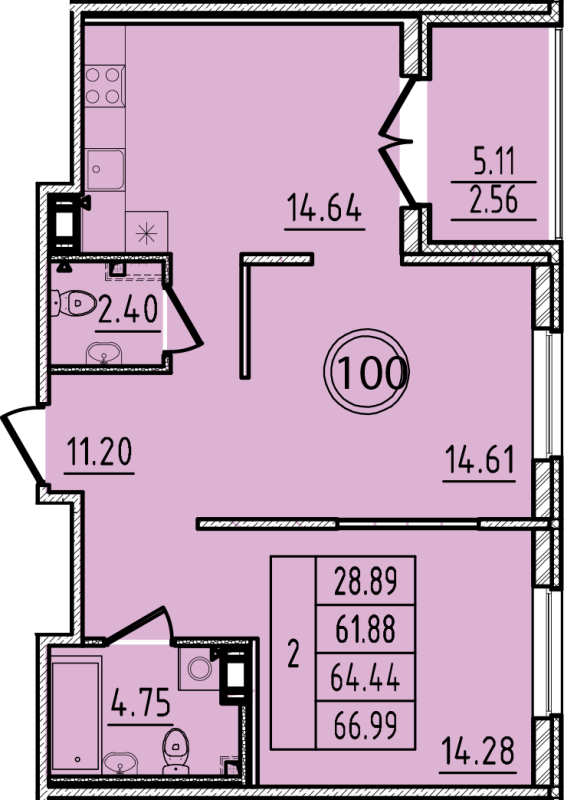 2-комнатная квартира, 61.88 м² - планировка, фото №1