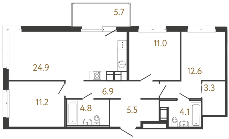 5-комнатная (Евро) квартира, 84.3 м² в ЖК "Передвижники" - планировка, фото №1