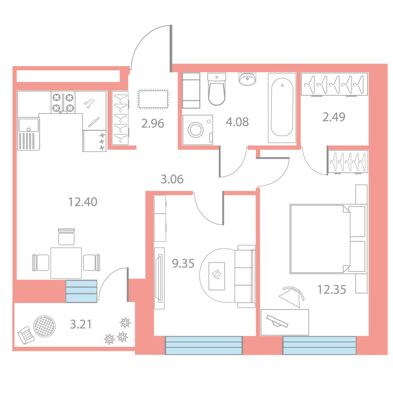 2-комнатная квартира, 48.93 м² - планировка, фото №1