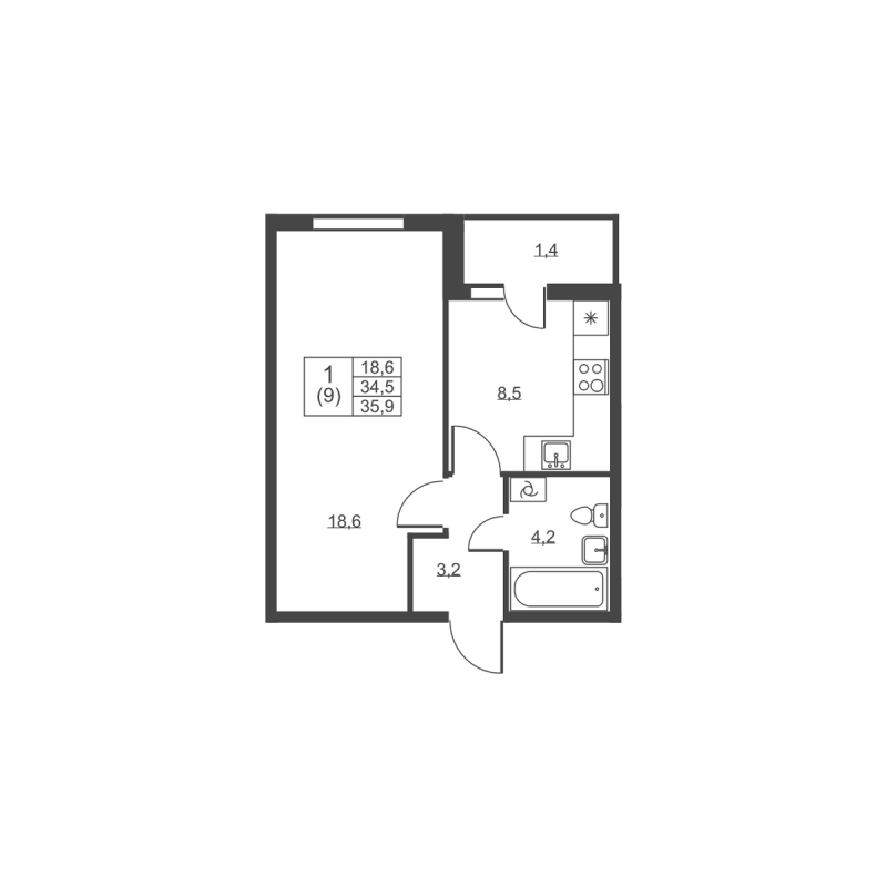 1-комнатная квартира, 35.9 м² в ЖК "Ермак" - планировка, фото №1