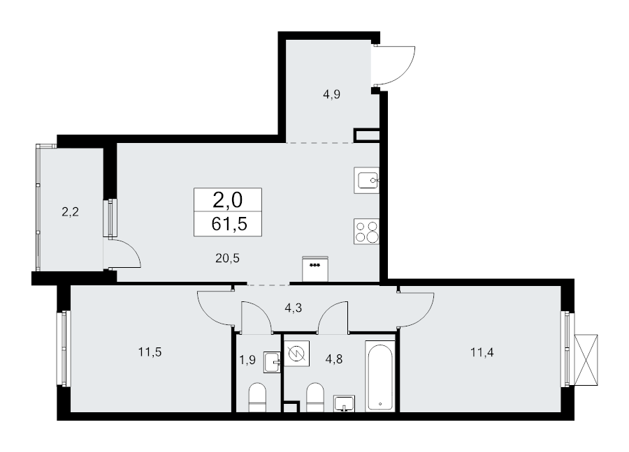 3-комнатная (Евро) квартира, 61.5 м² - планировка, фото №1