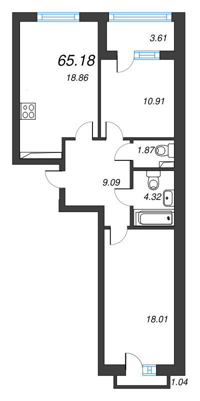 3-комнатная (Евро) квартира, 65.18 м² в ЖК "Кронфорт. Центральный" - планировка, фото №1