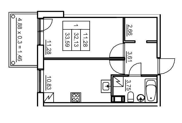 1-комнатная квартира, 34.55 м² в ЖК "Панорама Юкки" - планировка, фото №1