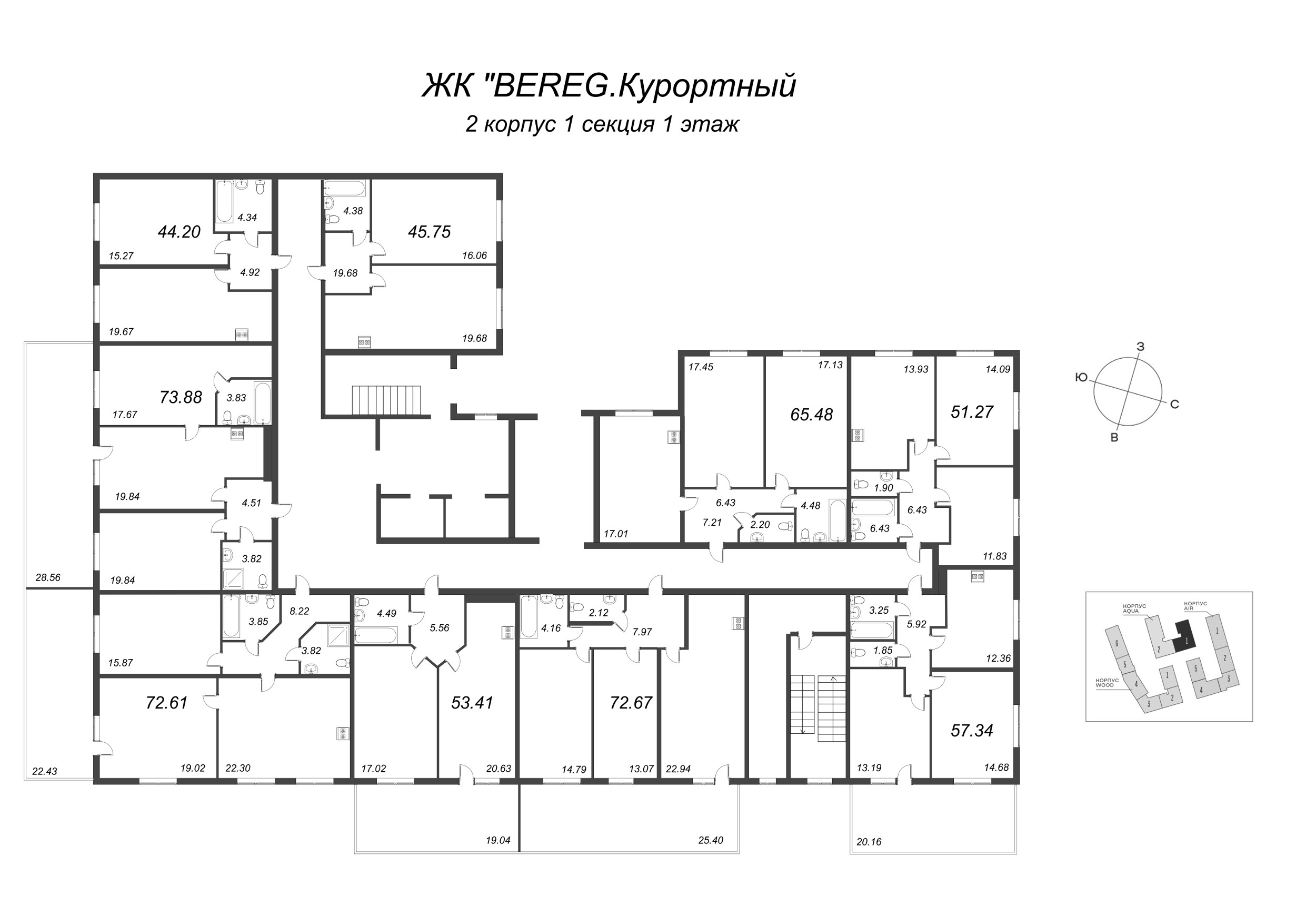 3-комнатная (Евро) квартира, 73.88 м² - планировка этажа