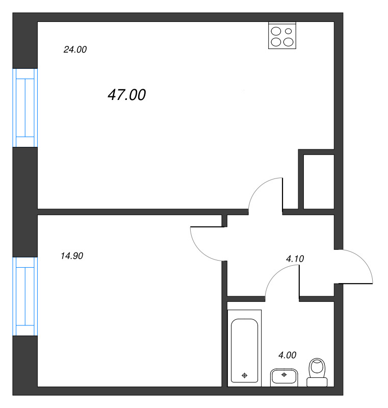 2-комнатная (Евро) квартира, 46.9 м² - планировка, фото №1
