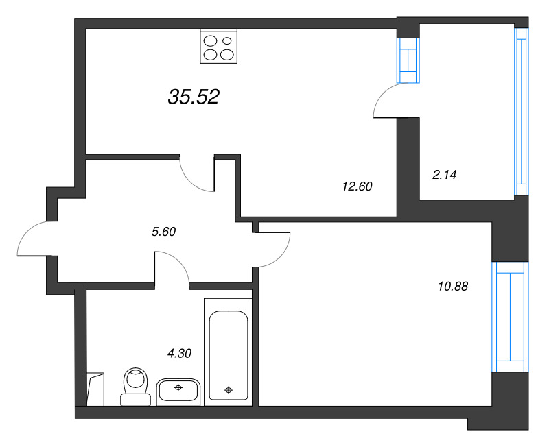 2-комнатная (Евро) квартира, 35.52 м² - планировка, фото №1