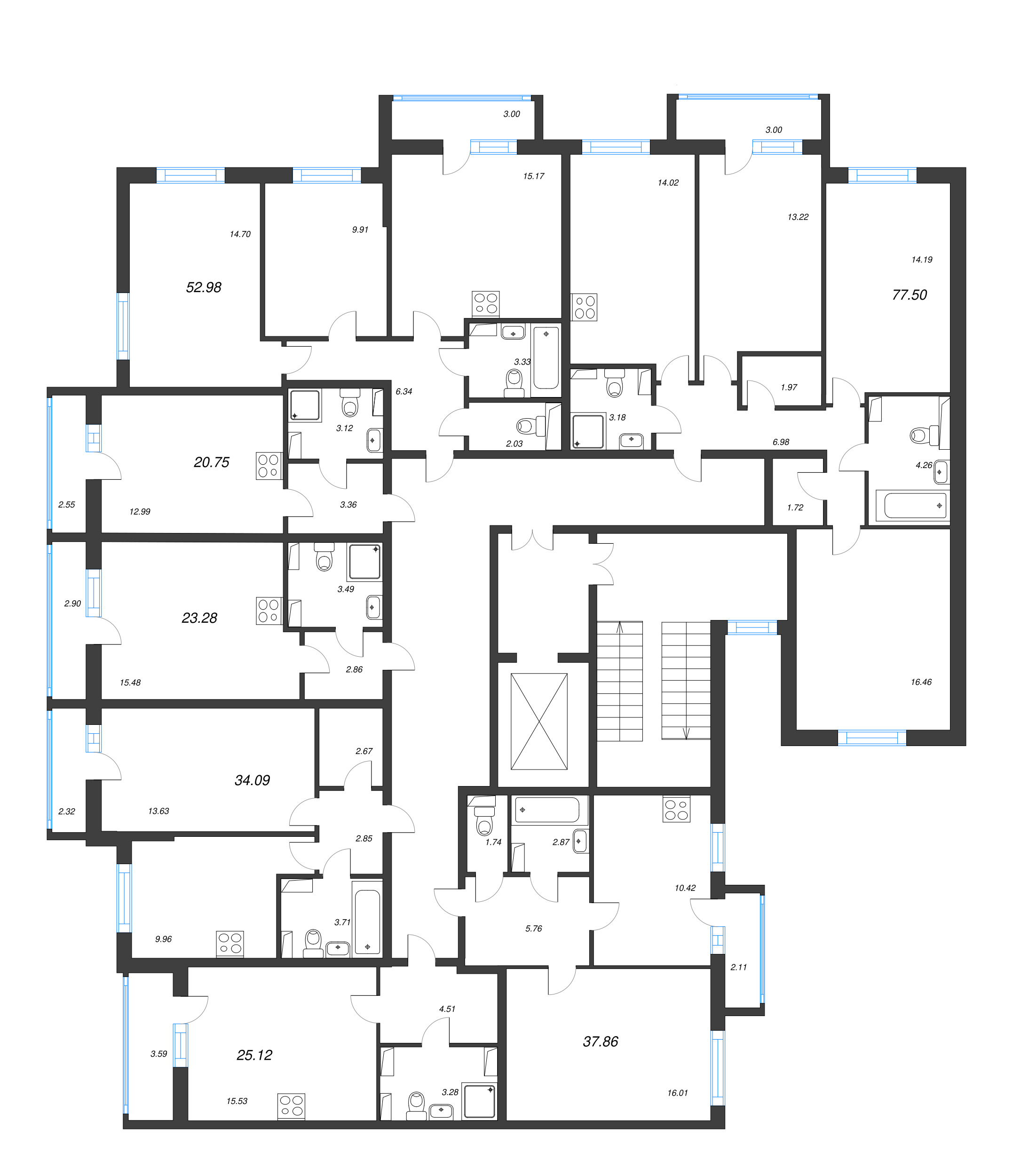 3-комнатная (Евро) квартира, 52.98 м² - планировка этажа