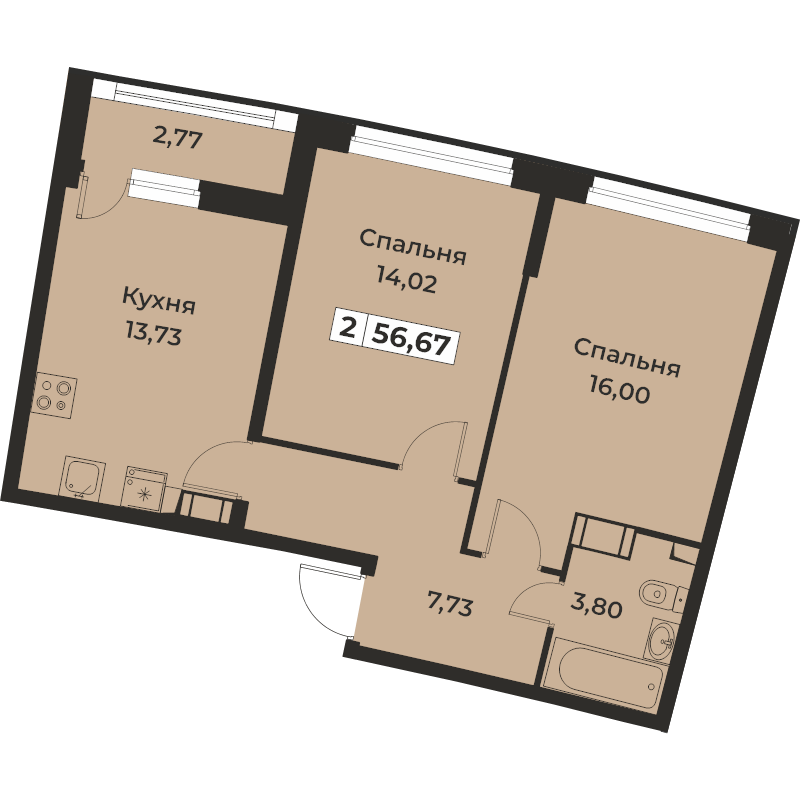 2-комнатная квартира, 56.67 м² - планировка, фото №1