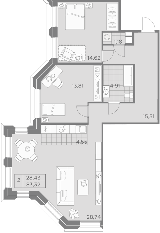 3-комнатная (Евро) квартира, 83.32 м² - планировка, фото №1