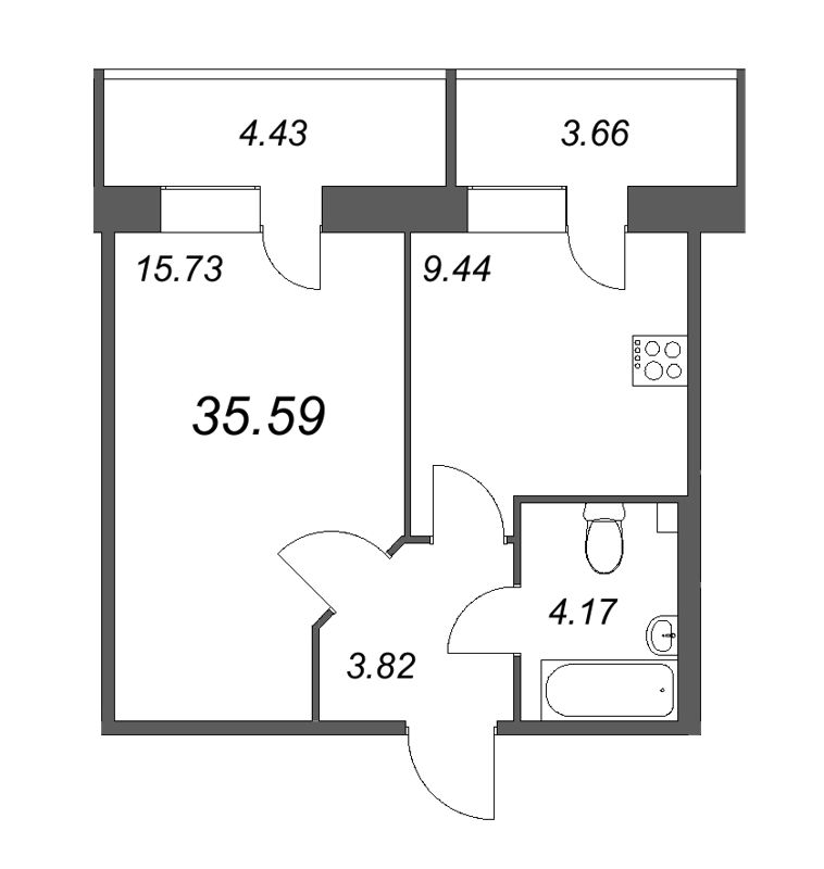 1-комнатная квартира, 35.59 м² в ЖК "СМАРТ" - планировка, фото №1
