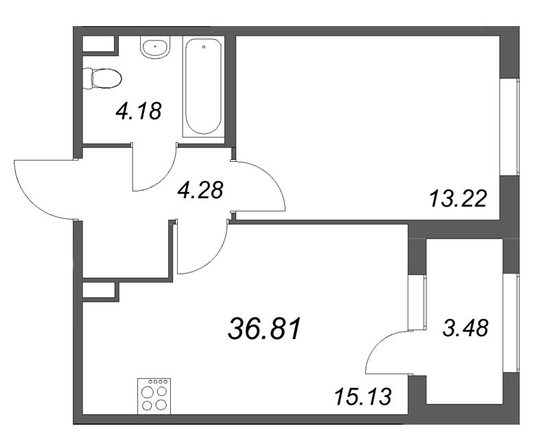 2-комнатная (Евро) квартира, 36.81 м² в ЖК "Дубровский" - планировка, фото №1