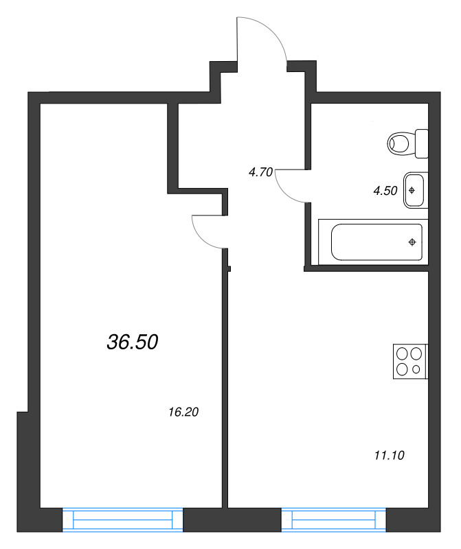 1-комнатная квартира, 36.5 м² в ЖК "Ягодное Река Парк" - планировка, фото №1